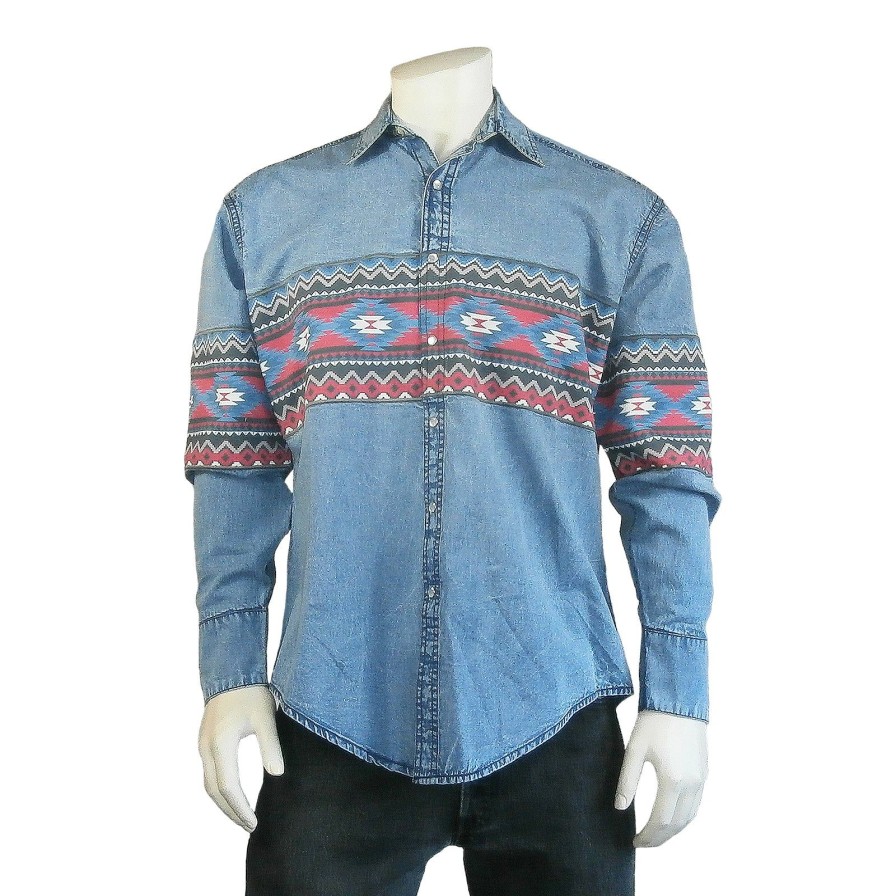 Men Rockmount Ranch Wear Embroidered | Men'S 2-Tone Denim & Red Native Pattern Chest Band Western Shirt