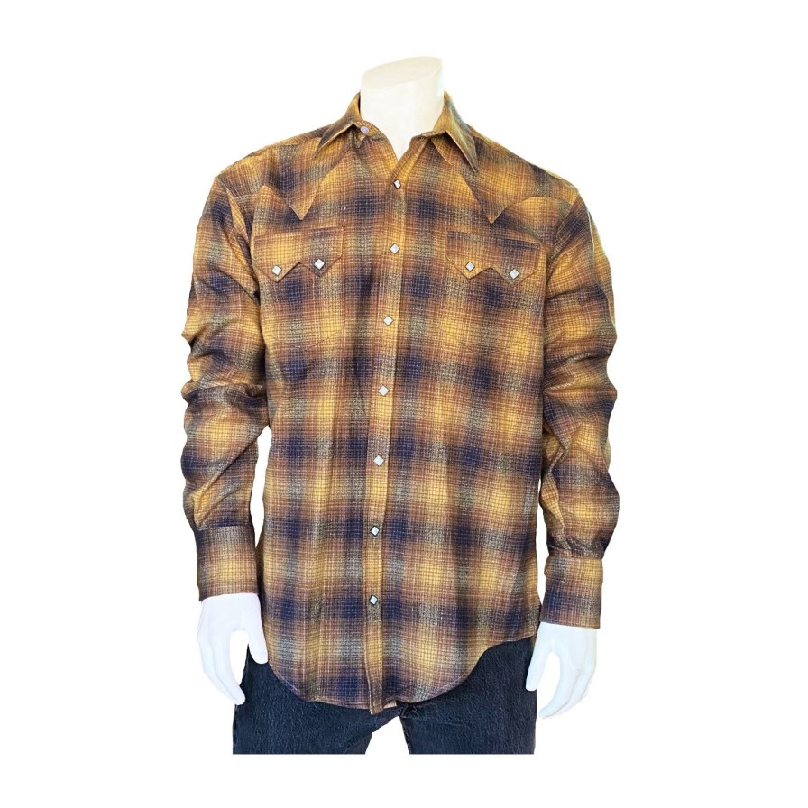 Men Rockmount Ranch Wear Fleece & Flannels | Men'S Plush Flannel Beige & Black Plaid Western Shirt