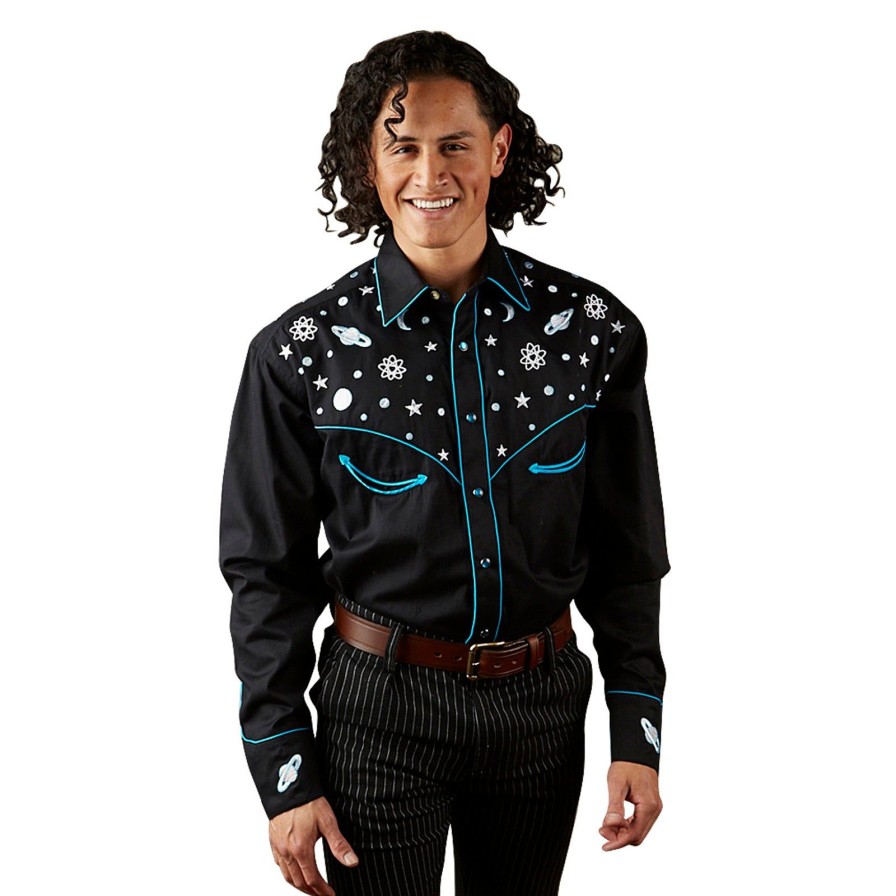 Men Rockmount Ranch Wear Big & Tall | Men'S Out Of This World Embroidered Black Western Shirt