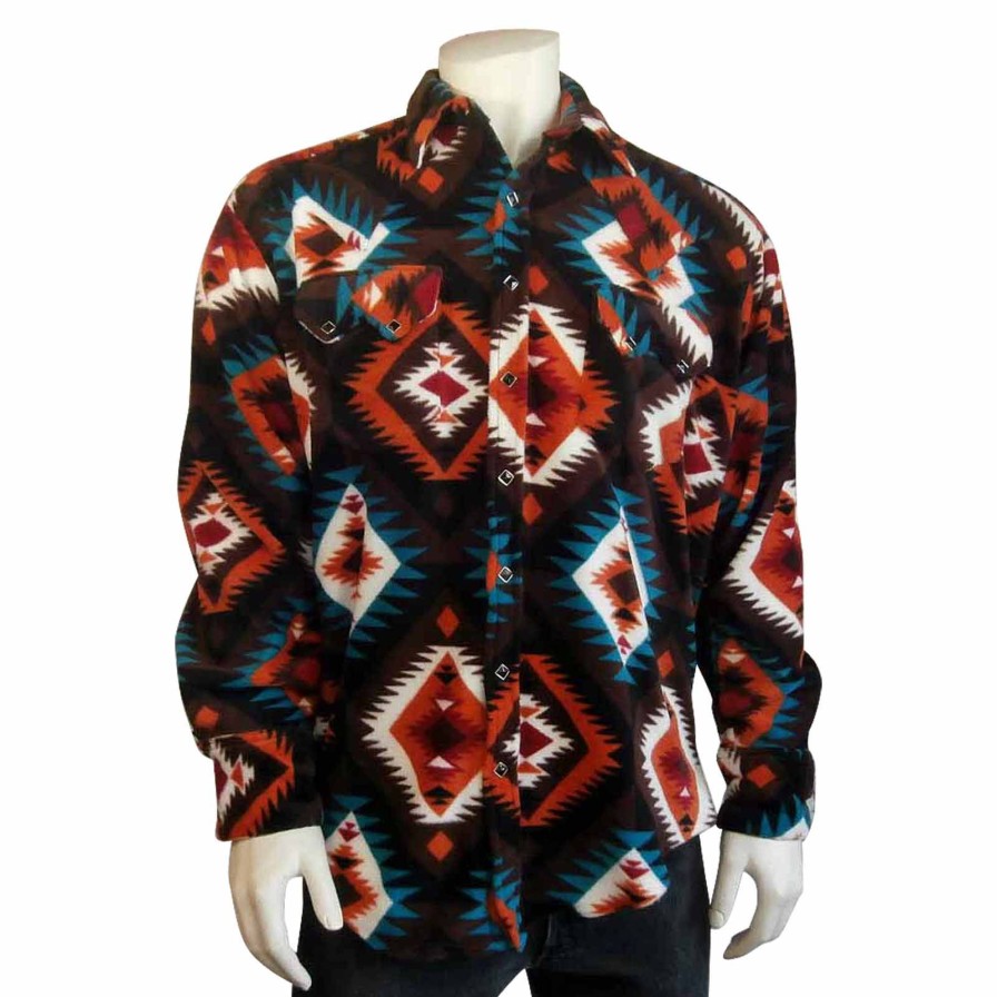 Men Rockmount Ranch Wear Big & Tall | Men'S Native Pattern Fleece Western Shirt In Black & Orange