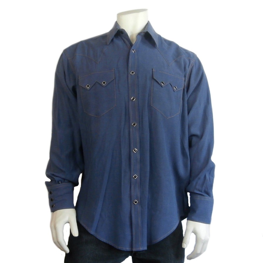 Men Rockmount Ranch Wear Big & Tall | Men'S Sueded Tencel Royal Blue Western Shirt