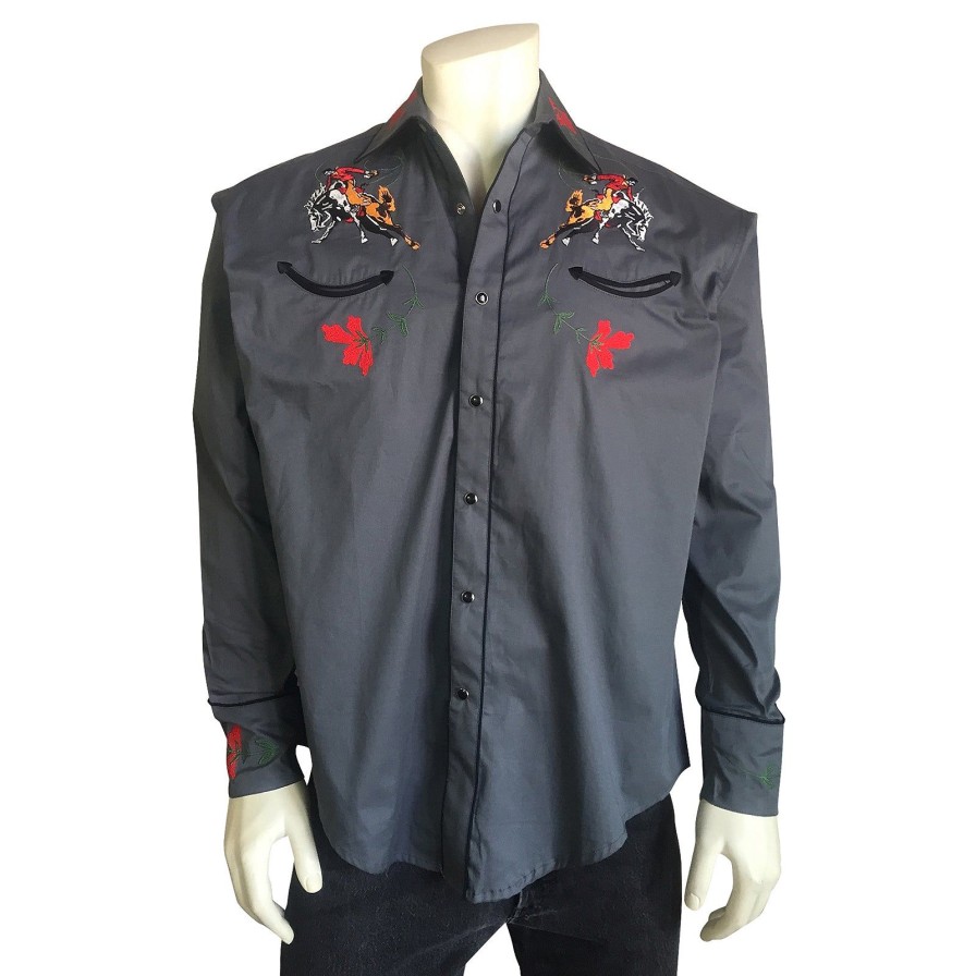 Men Rockmount Ranch Wear Big & Tall | Men'S Vintage Bronc Embroidered Western Shirt In Grey