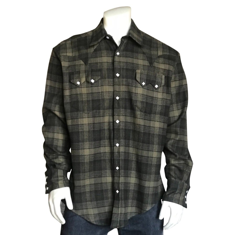 Men Rockmount Ranch Wear Checks Plaids & Stripes | Men'S Plush Flannel Olive & Grey Plaid Western Shirt