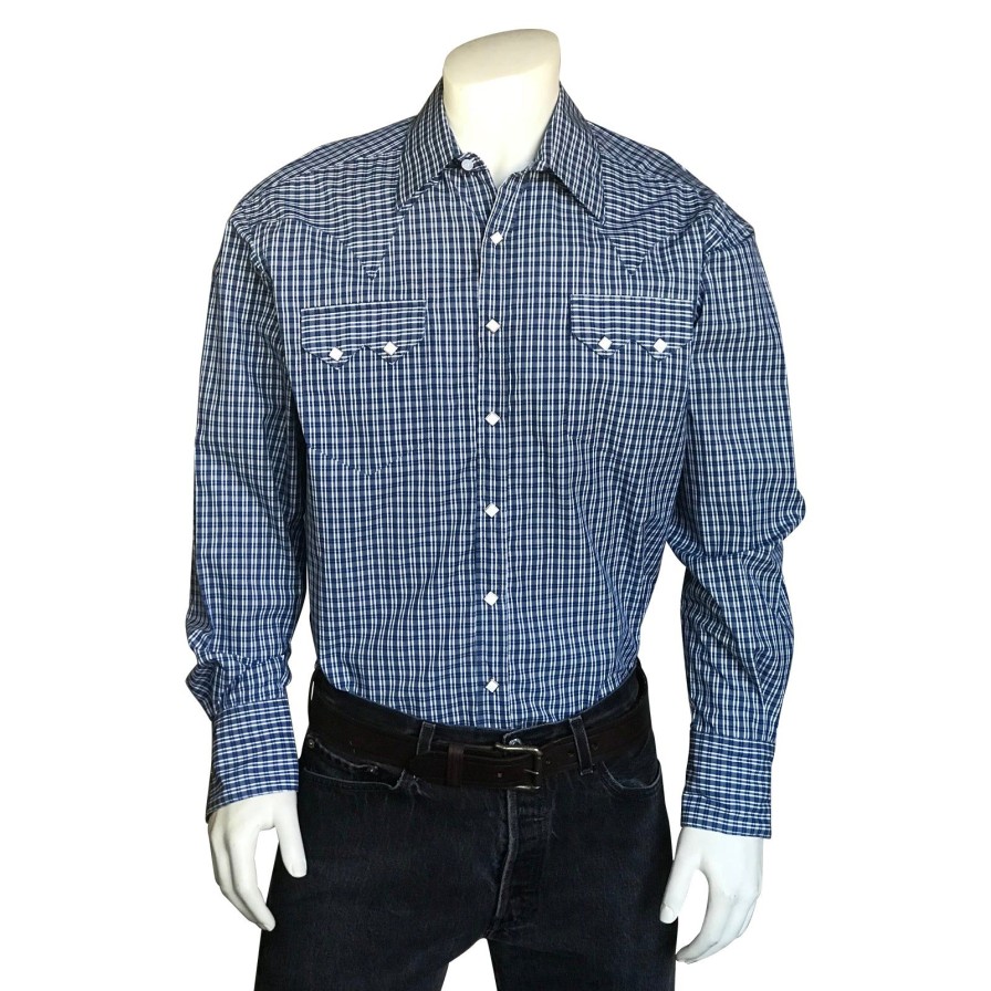 Men Rockmount Ranch Wear Checks Plaids & Stripes | Men'S Pima Cotton Blue & White Check Western Shirt